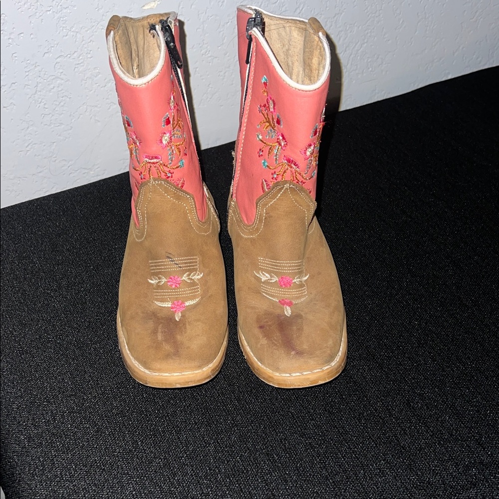 Kids Embroidered Pink and Tan Boots